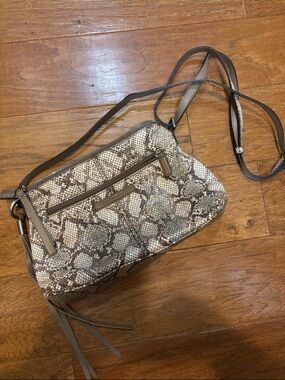 Snake-Print Crossbody Bag in Taupe and Ivory